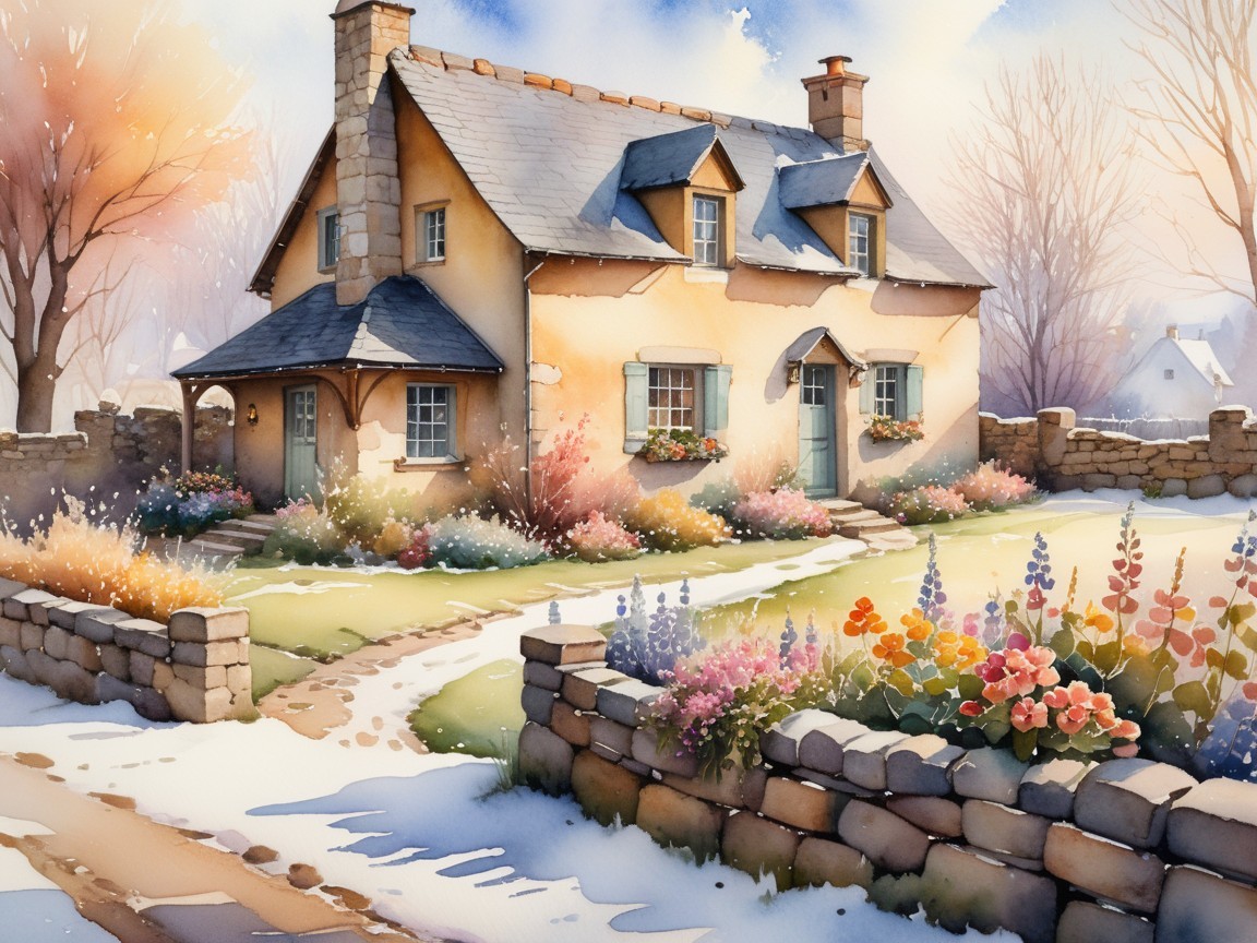 Cozy Watercolor Cottage in Winter Landscape with Flowers