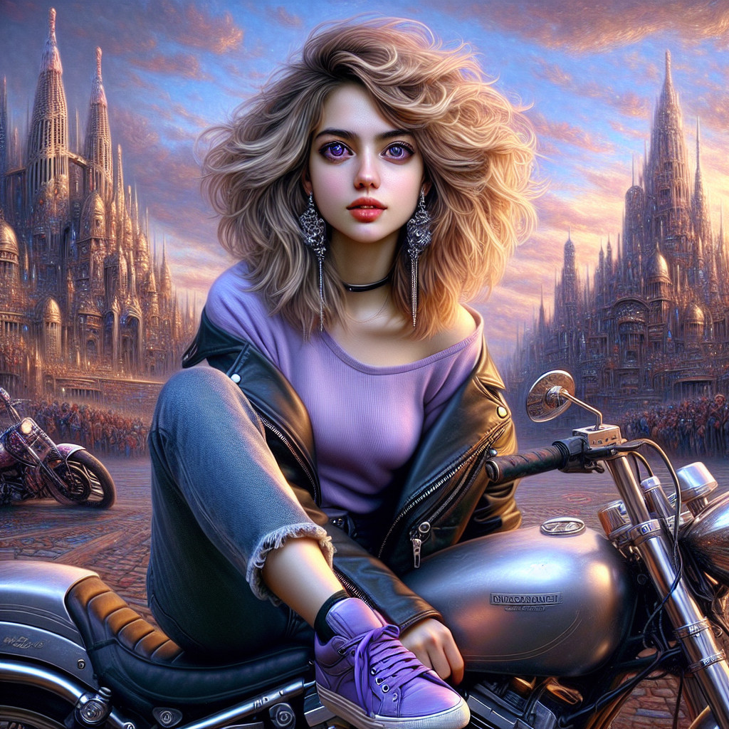 Young woman on motorcycle in fantastical cityscape