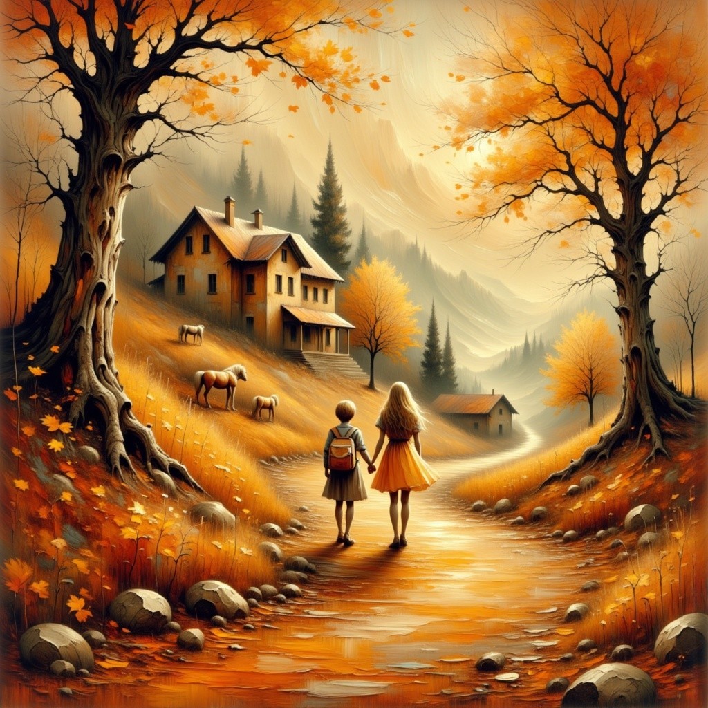 Autumn Landscape with Children and Grazing Horses