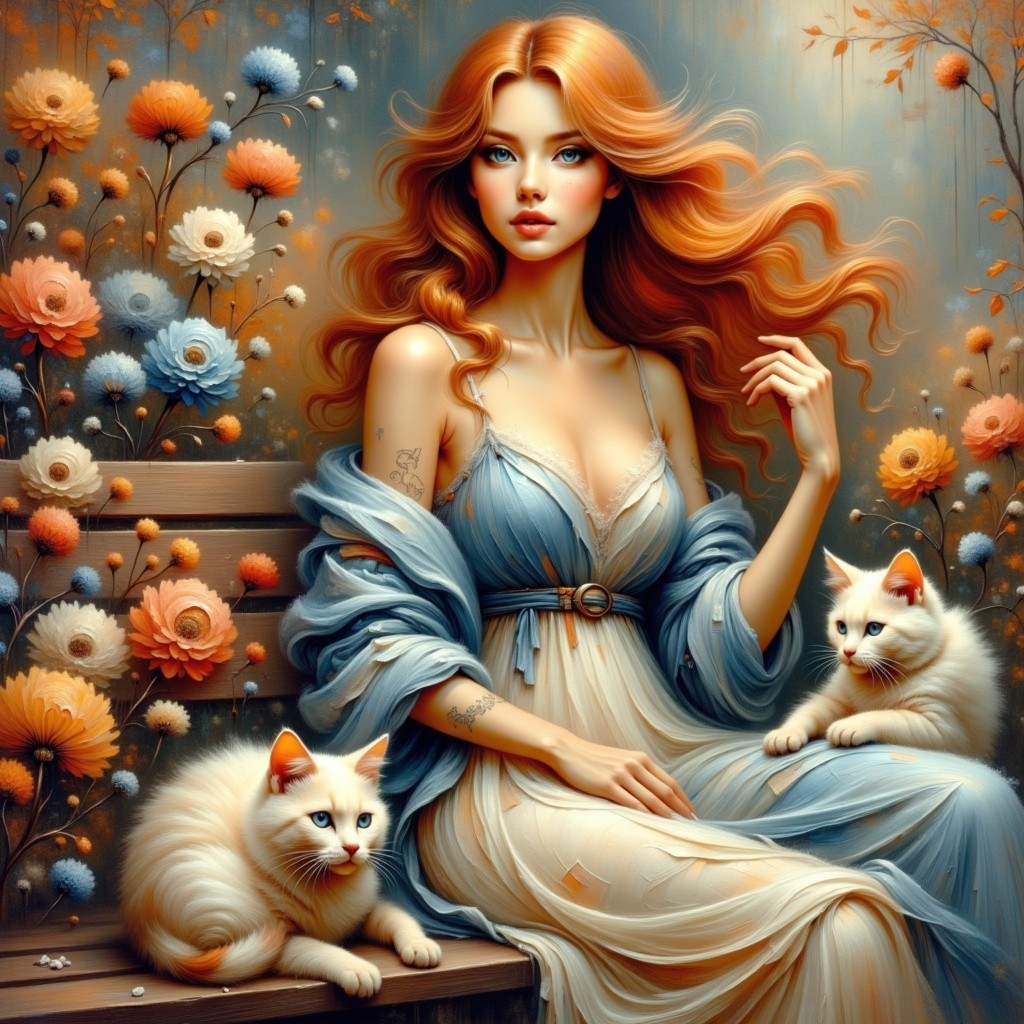 Serene Garden Scene with Young Woman and Cats