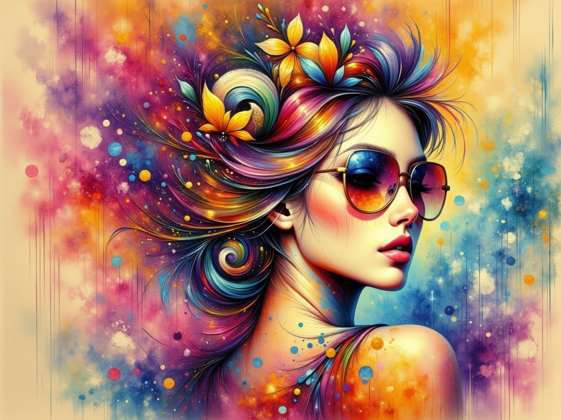 Vibrant Portrait of a Woman with Colorful Hair and Flowers