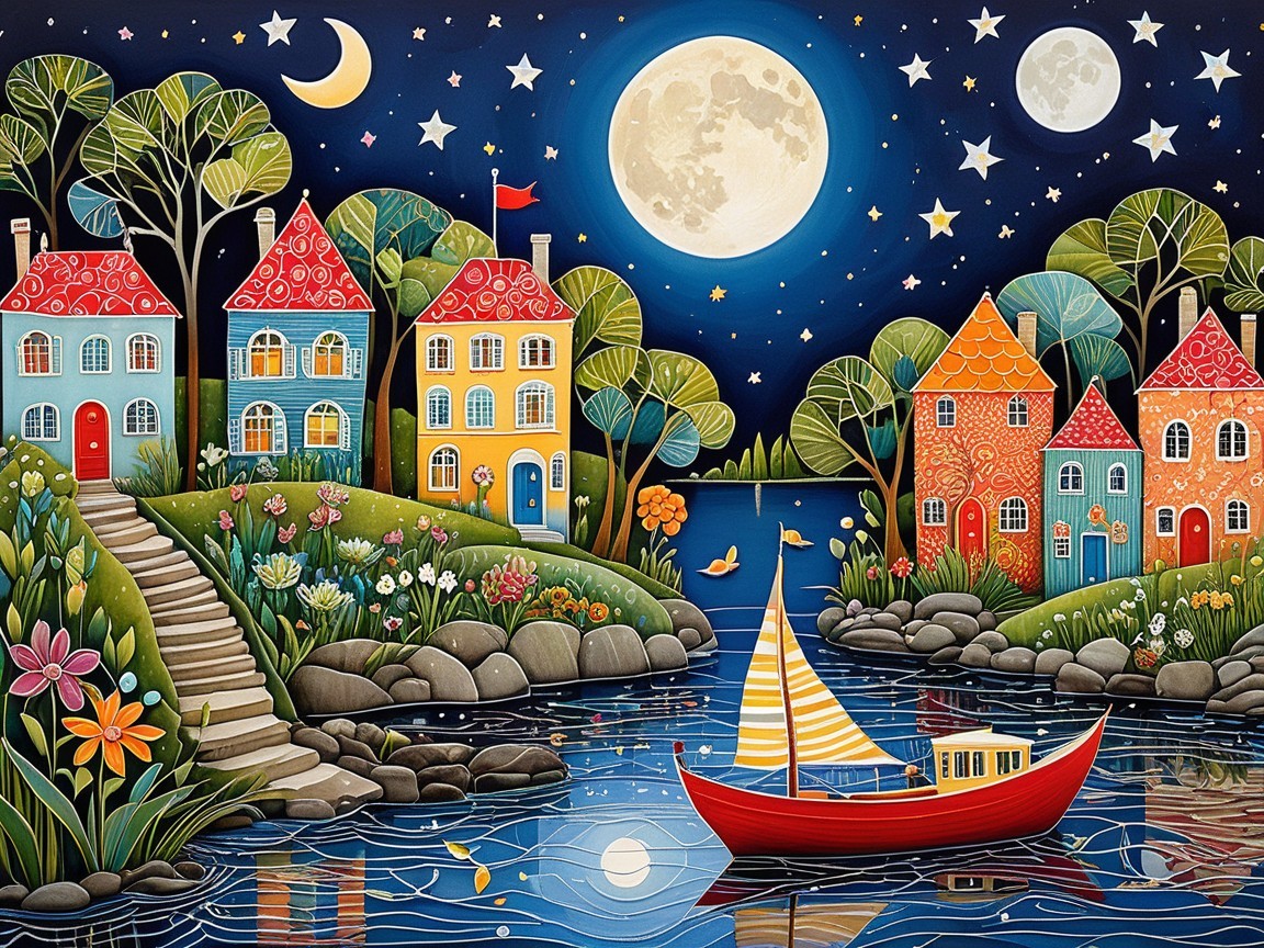 Whimsical Night Scene with Colorful Houses and Waterfront