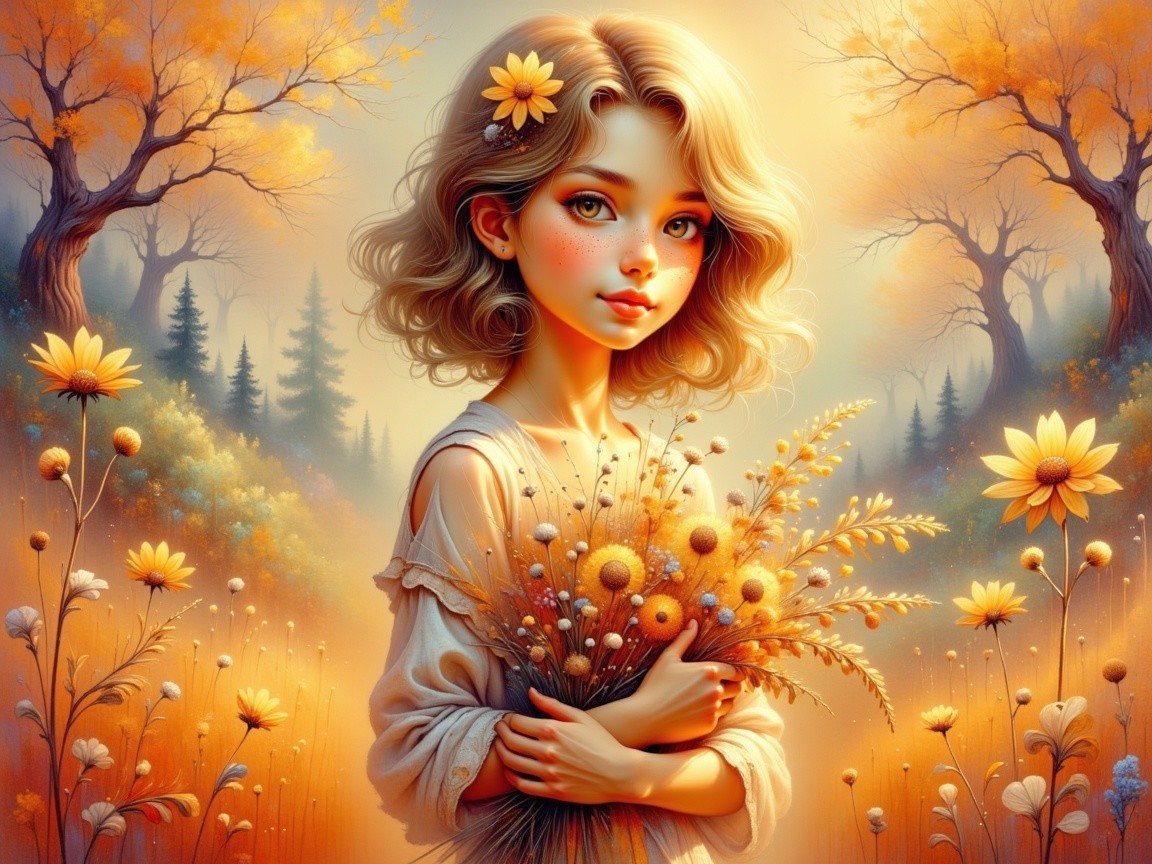 Whimsical Girl in Golden Autumn Landscape with Flowers