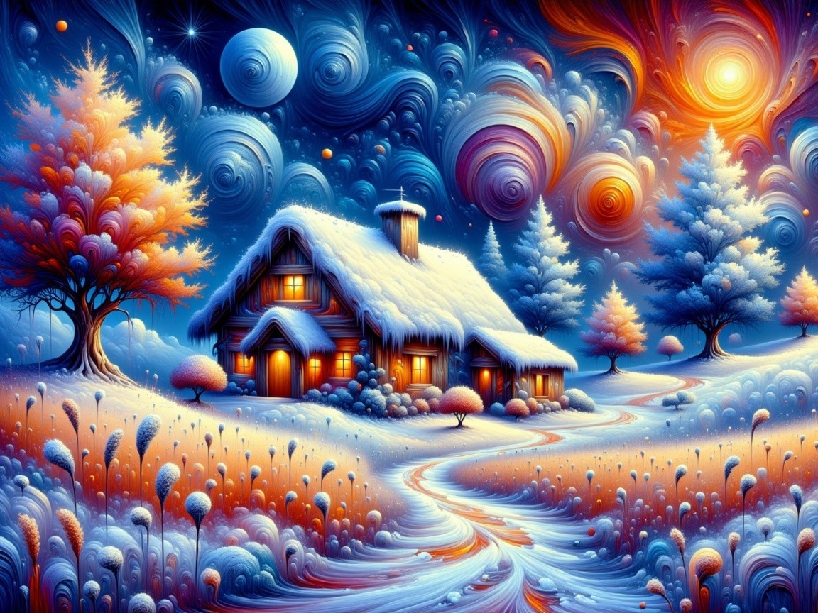 Whimsical Winter Cottage in a Dreamlike Landscape