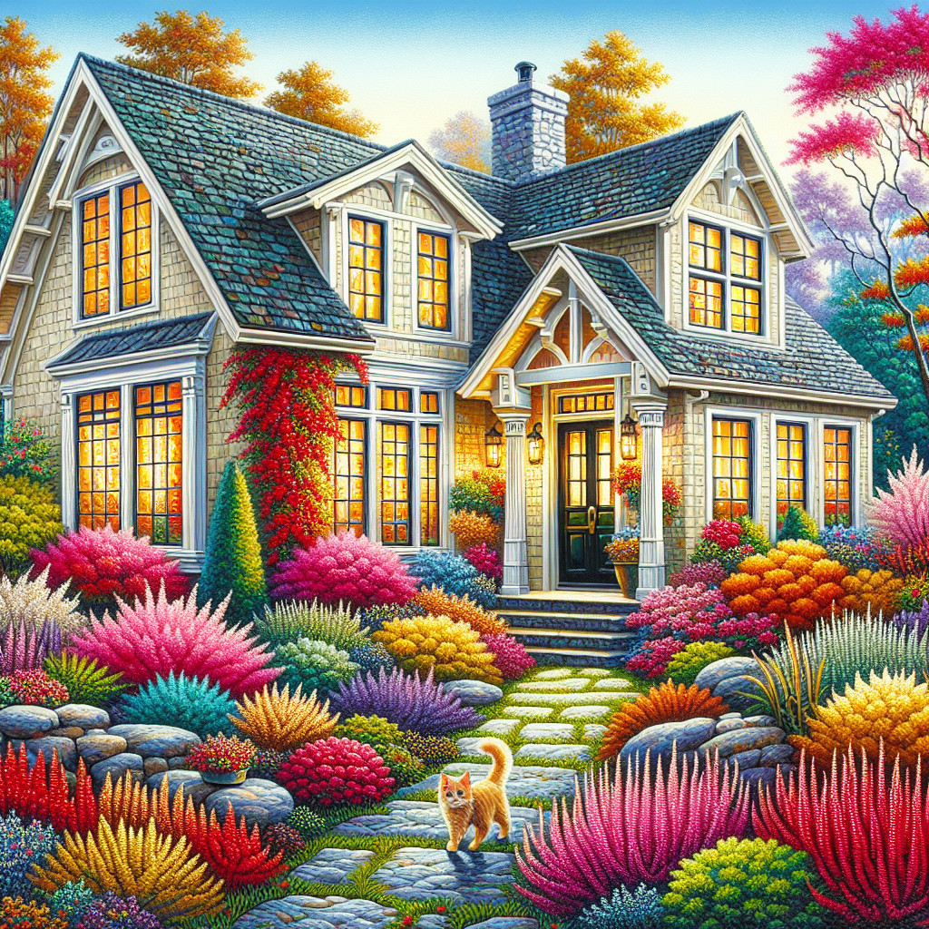 Charming cottage surrounded by autumn foliage and flowers