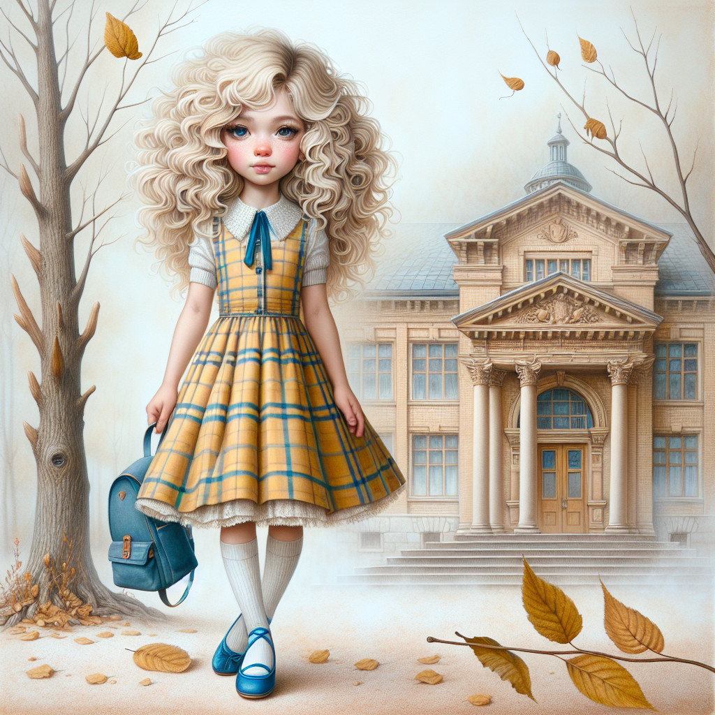 Young girl in vintage dress by school in autumn leaves
