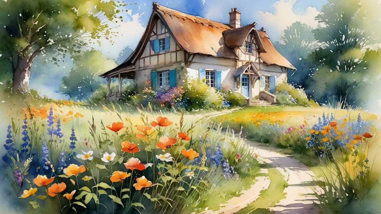 Cottage Surrounded by Colorful Wildflower Garden