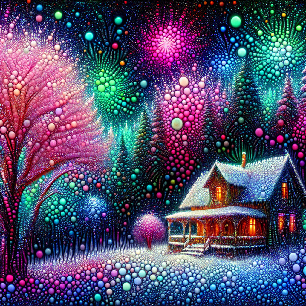 Psychedelic Nighttime Dreamlike Landscape with Cottage