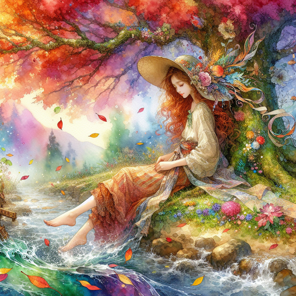 Young Woman by Stream in Autumn Landscape