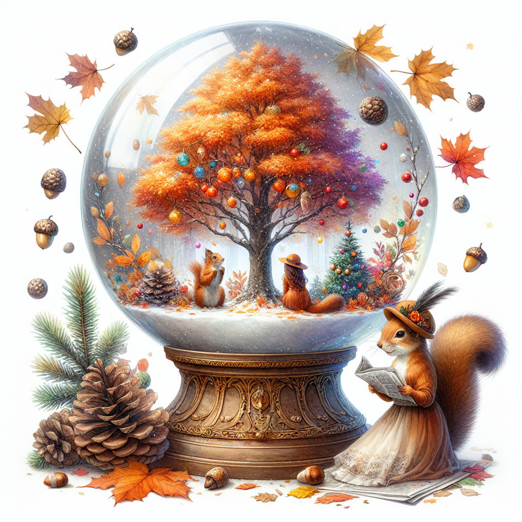 Whimsical Snow Globe with Autumn Tree and Squirrels