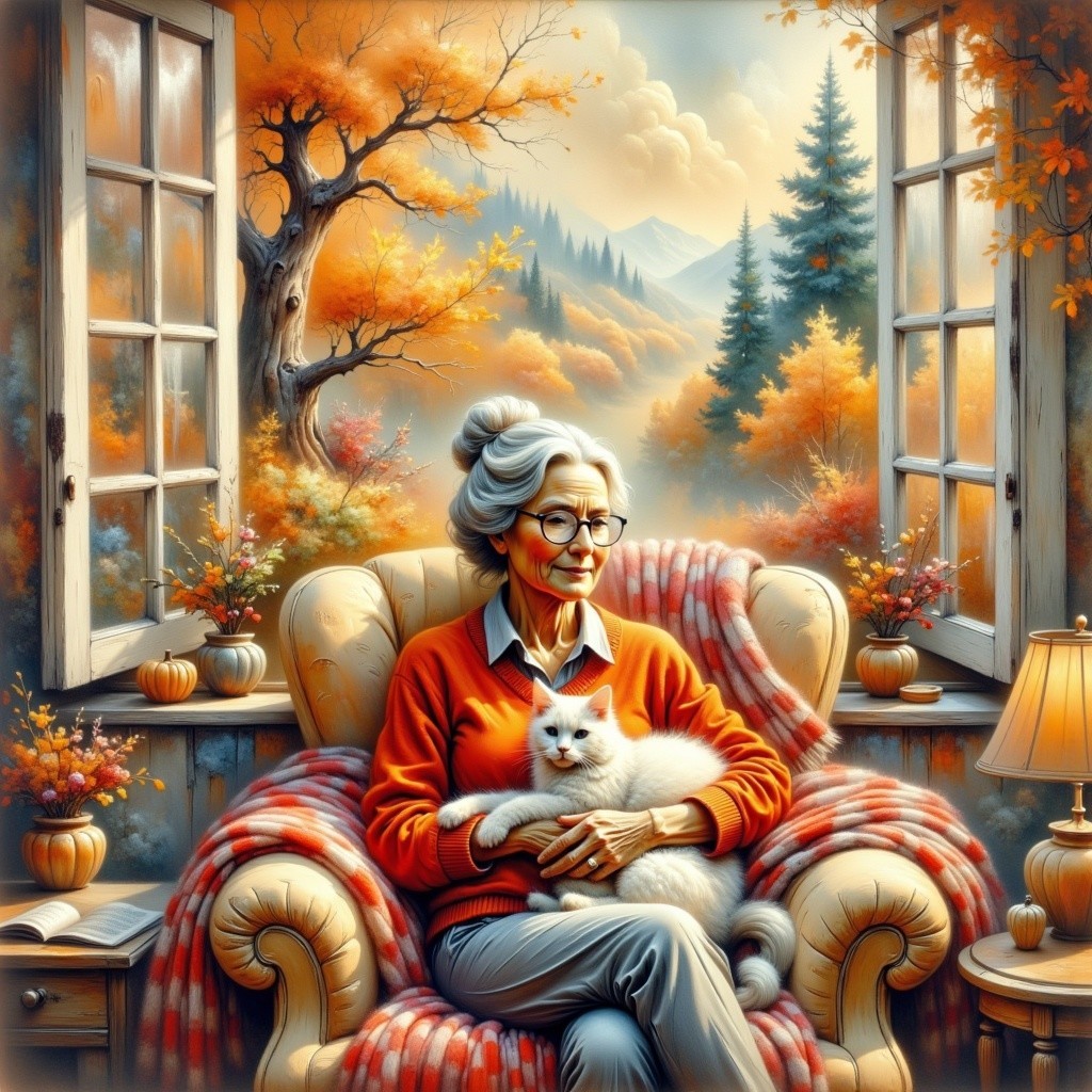 Elderly Woman in Cozy Armchair with Cat and Autumn Decor