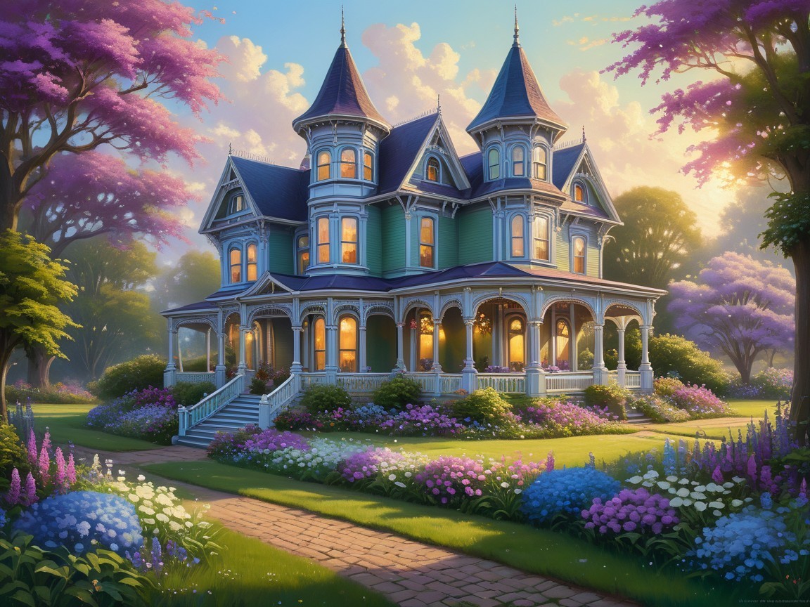 Victorian Mansion Surrounded by Vibrant Garden Blooms
