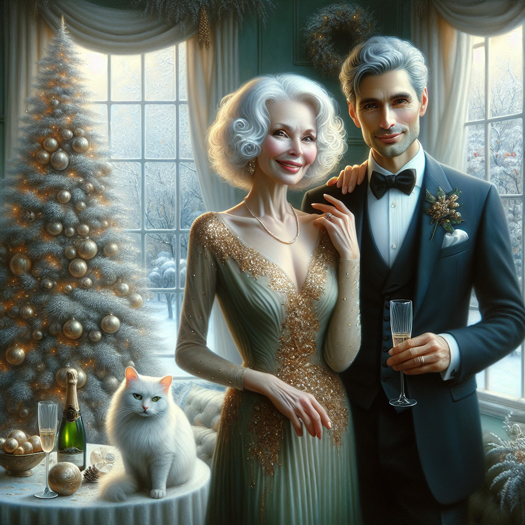 Elderly Couple Celebrating Christmas with Cat and Tree