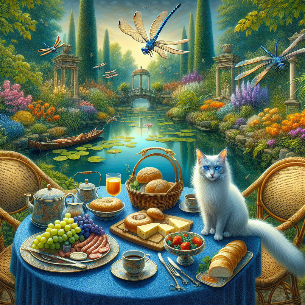 Serene Garden Table Setting with Flowers and Cat