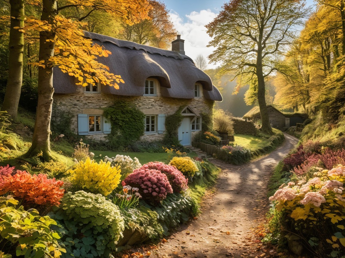 Cottage Surrounded by Autumn Foliage and Flowers