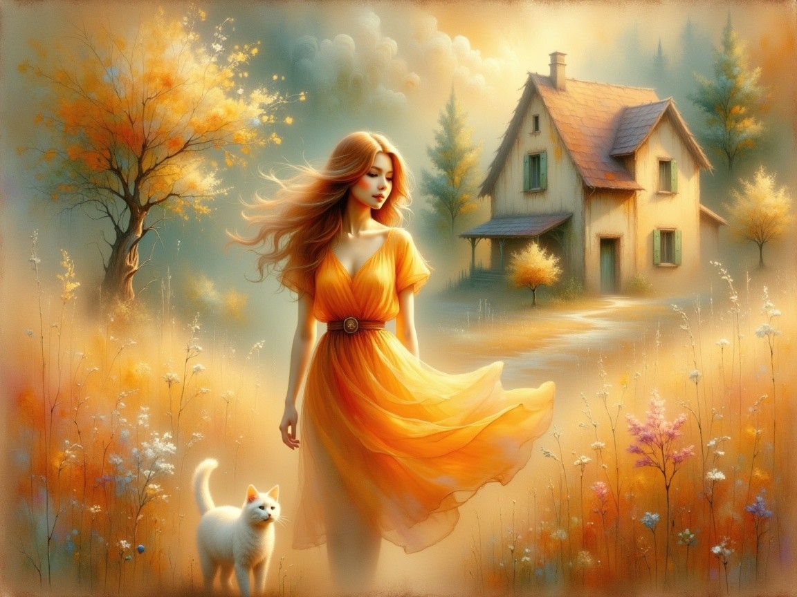 Autumn Landscape with Woman, Cat, and Cottage