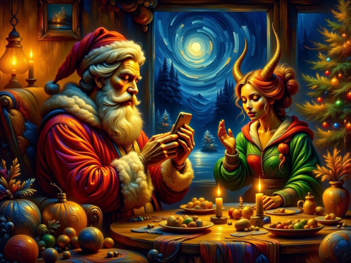 Detailed Christmas Fairy Tale Painting of Santa and Horned Woman