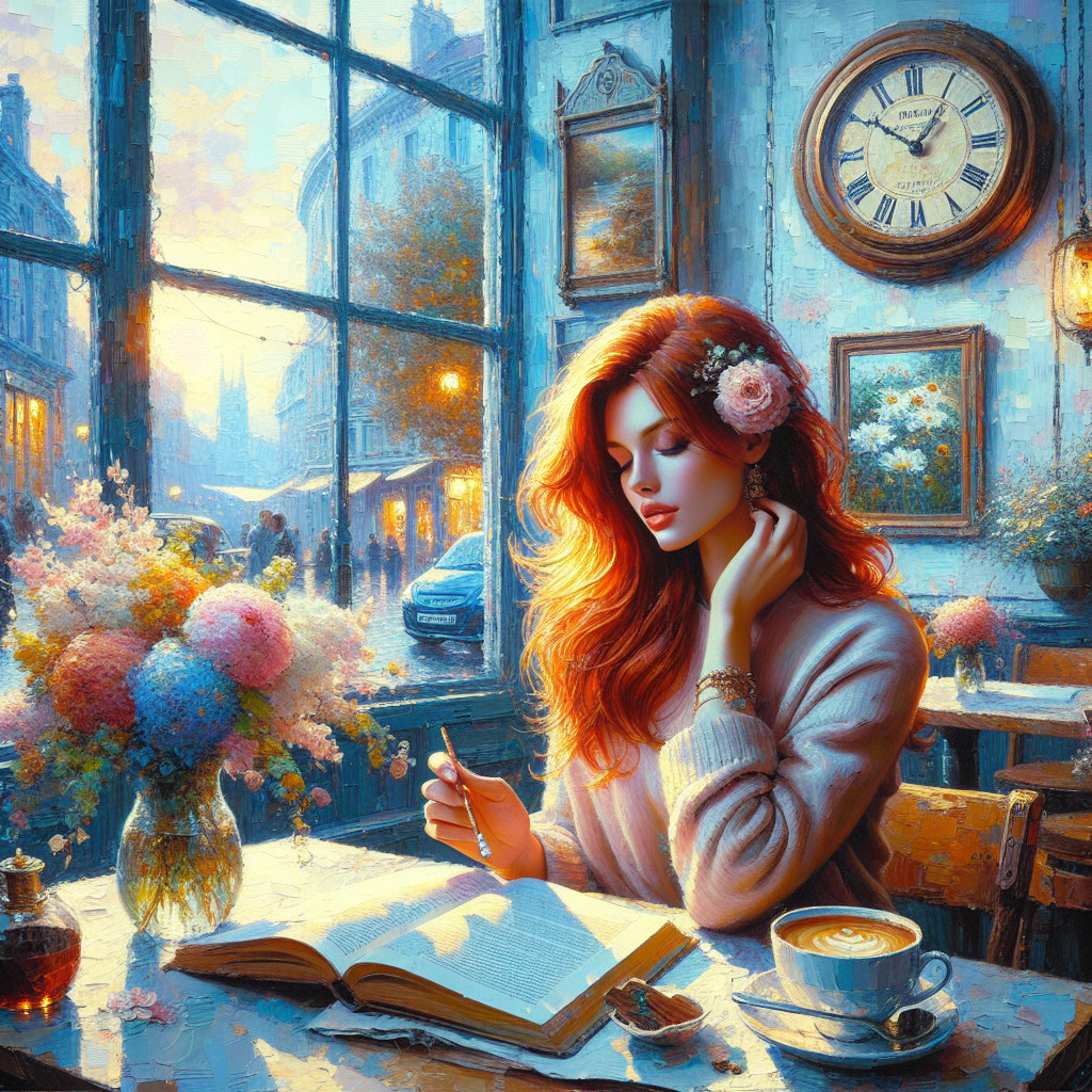 Young woman in café with sunlight and flowers