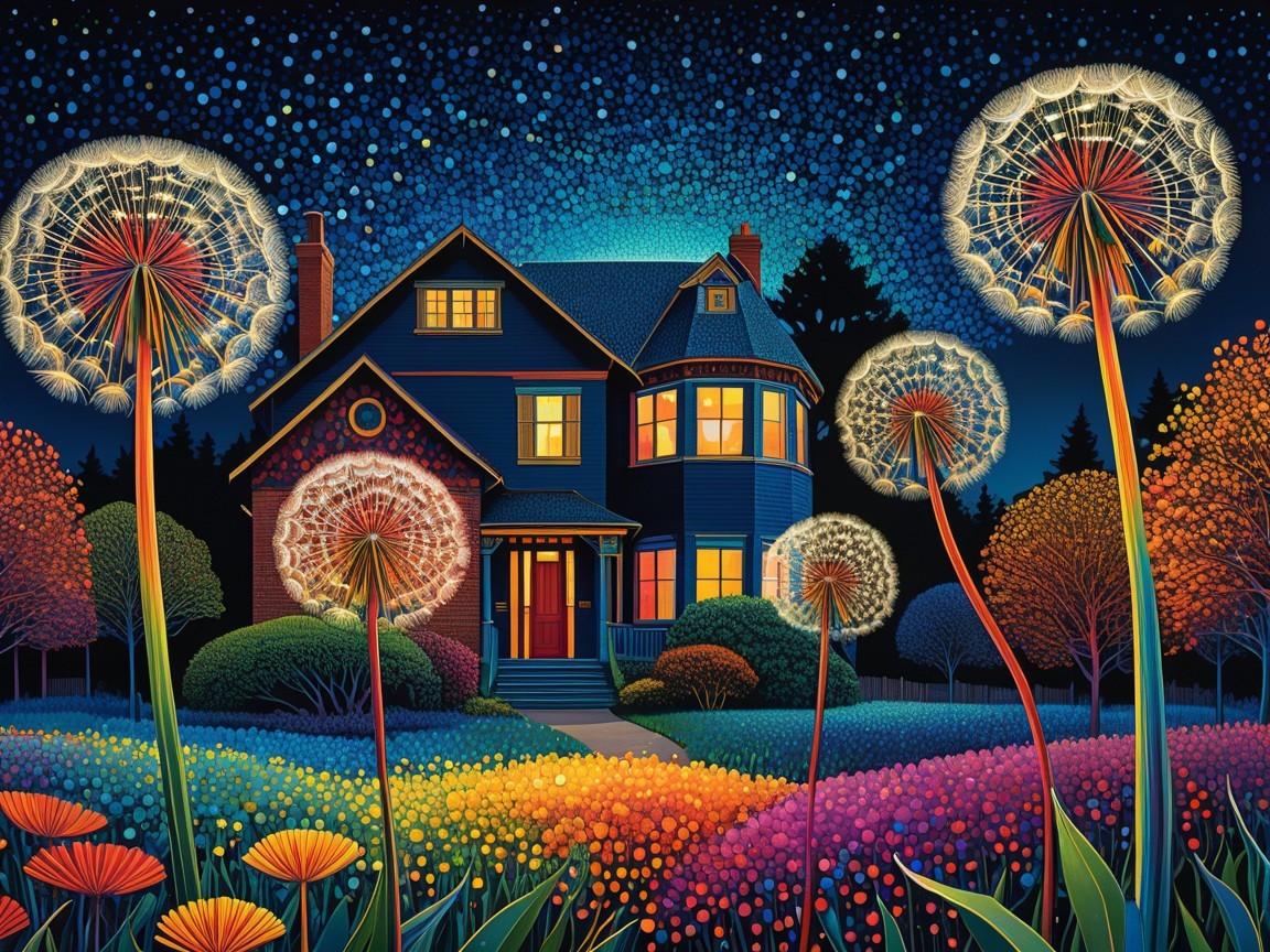 Charming Blue House Under Starry Sky with Flowers