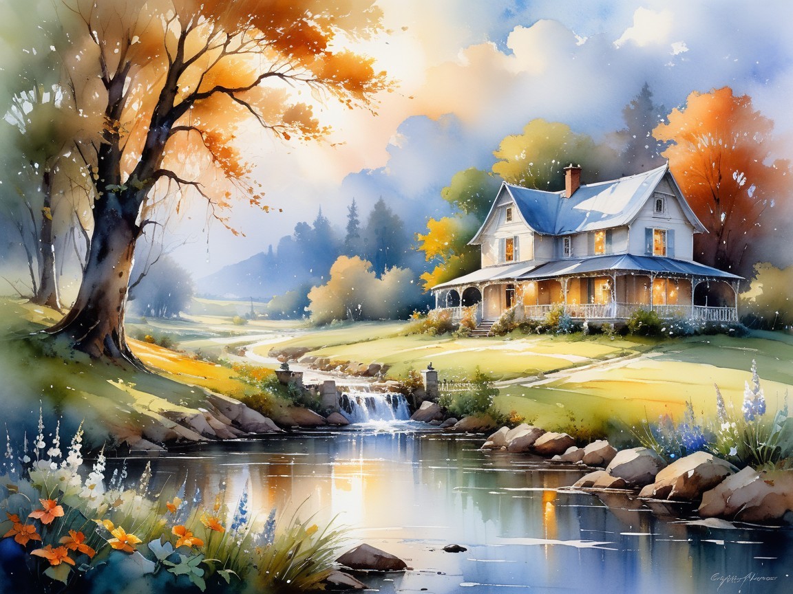 Charming House by Stream in Autumn Countryside Scene