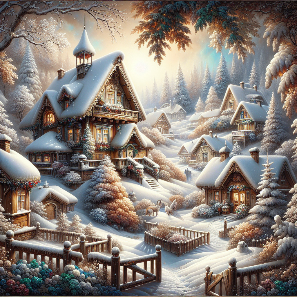 Winter Village Surrounded by Snowy Pine Trees