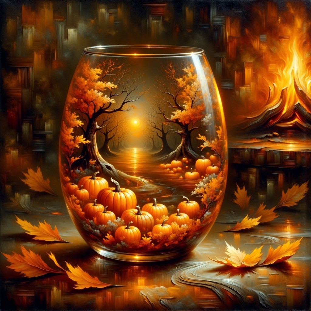 Autumn-Themed Glass Vase with Scenic River Design
