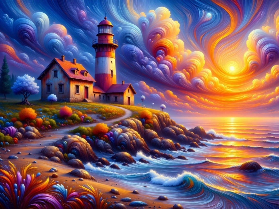 Whimsical Lighthouse at Vibrant Sunset Landscape