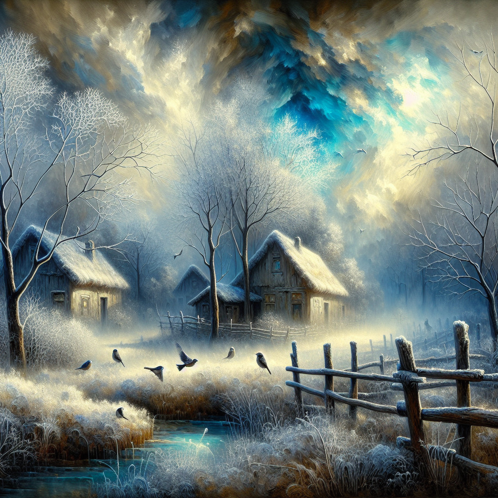Serene Winter Landscape with Cottages and Snow