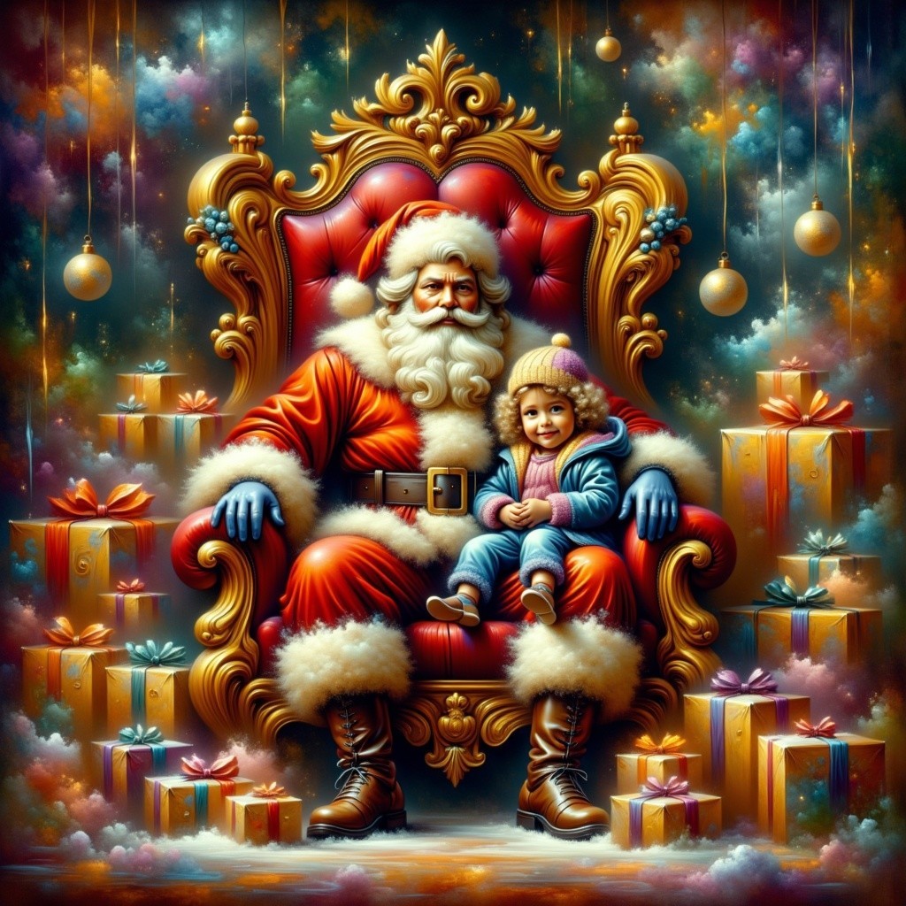 Santa Claus on Throne with Child and Festive Backdrop