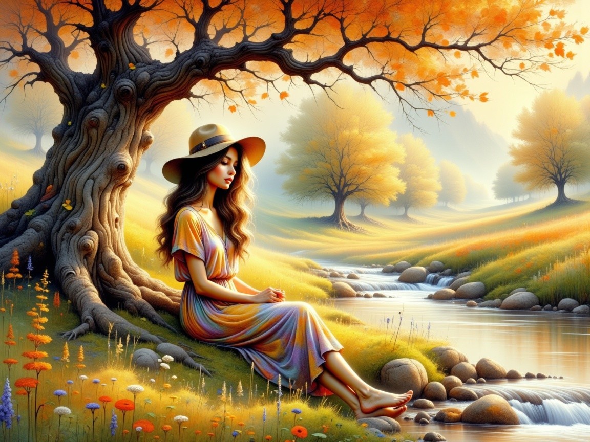Autumn Landscape with Woman by Flowing Stream