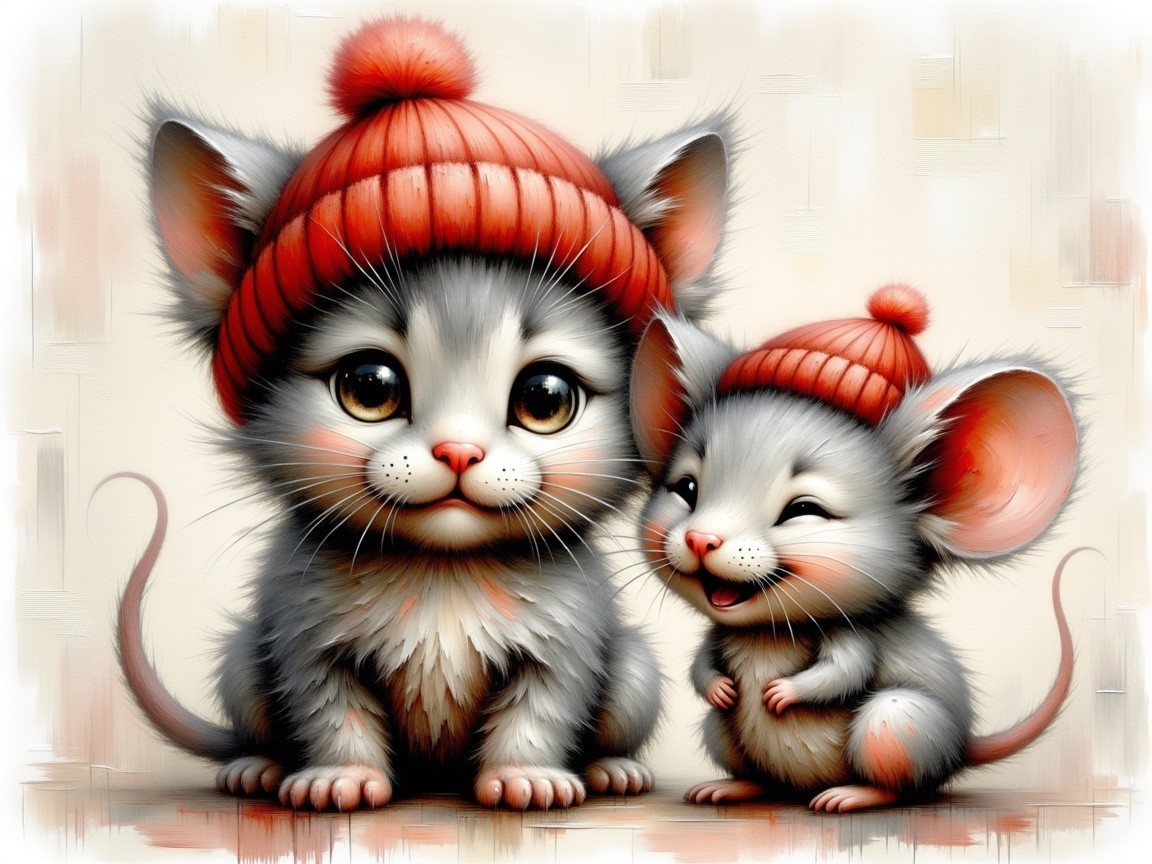 Cartoon Animals in Red Knitted Hats with Soft Background