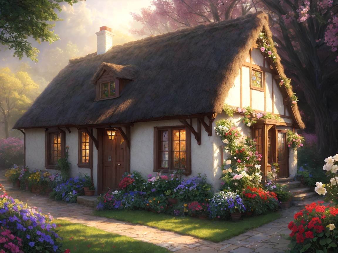 Thatched-Roof Cottage Surrounded by Vibrant Garden