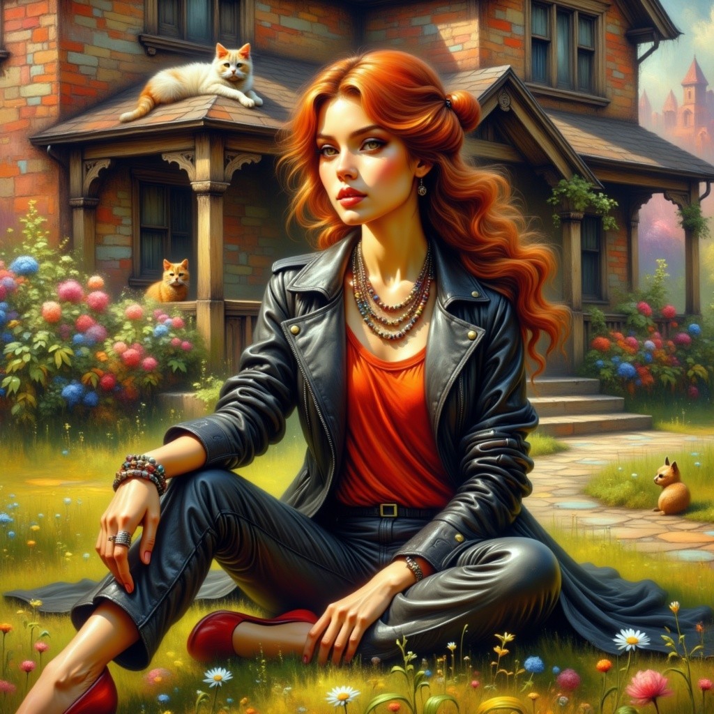 Young Woman in Red Hair and Leather Jacket Outdoors