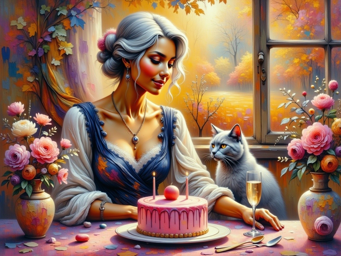 Elegant Woman at Festive Table with Birthday Cake