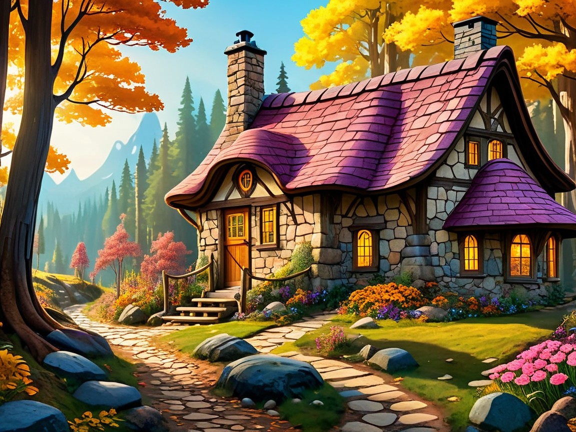 Charming stone cottage with purple roof in autumn setting