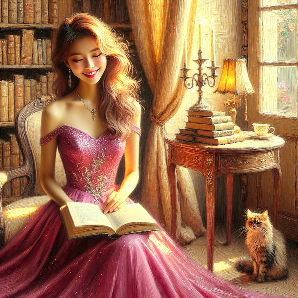 Woman in pink gown reading in a cozy library