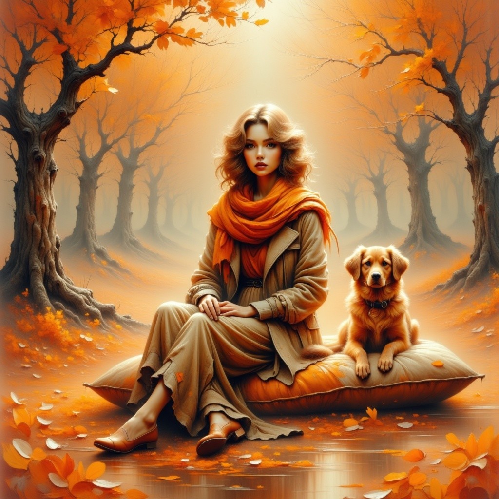 Serene Autumn Scene with Woman and Golden Retriever