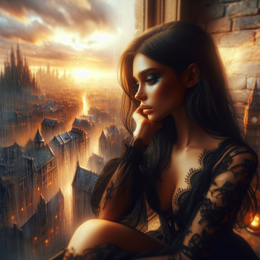 Contemplative Woman by Window During Vibrant Sunset