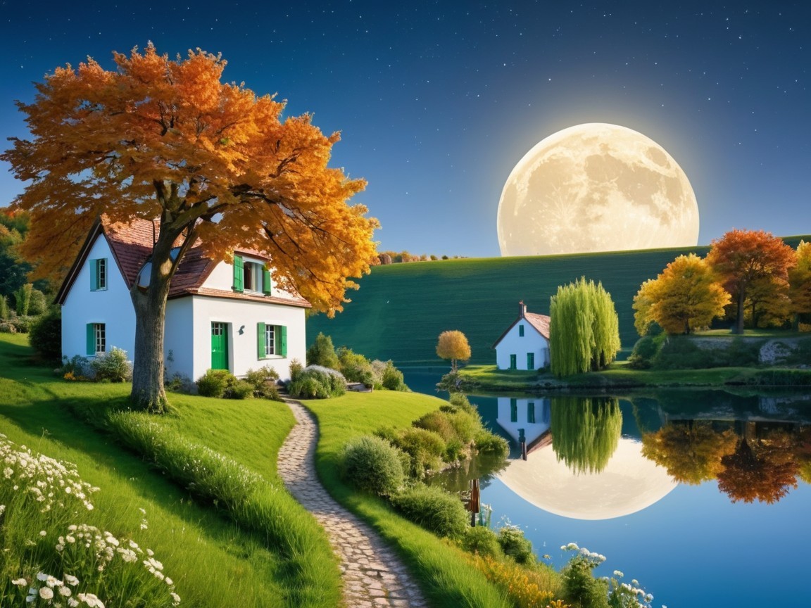 Serene Countryside Scene with House and Lake at Night
