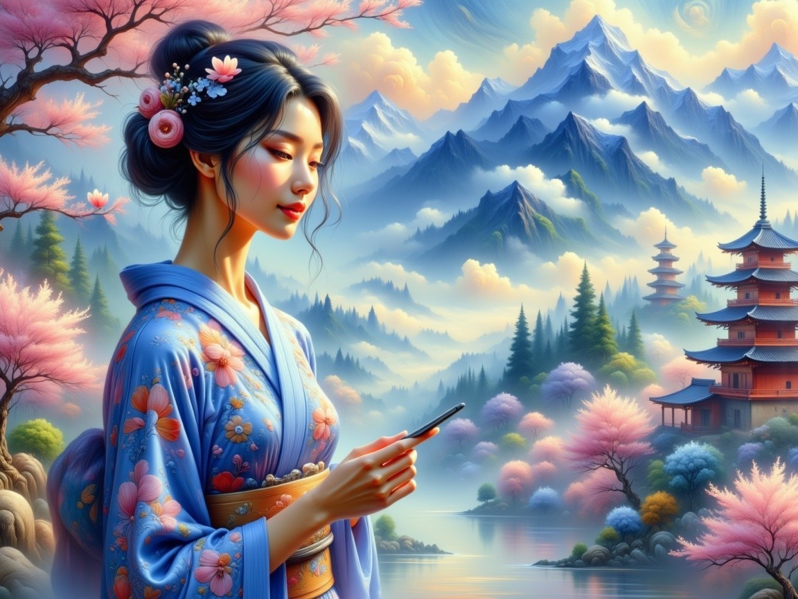 Serene Woman in Kimono by Tranquil Lakeside Scene
