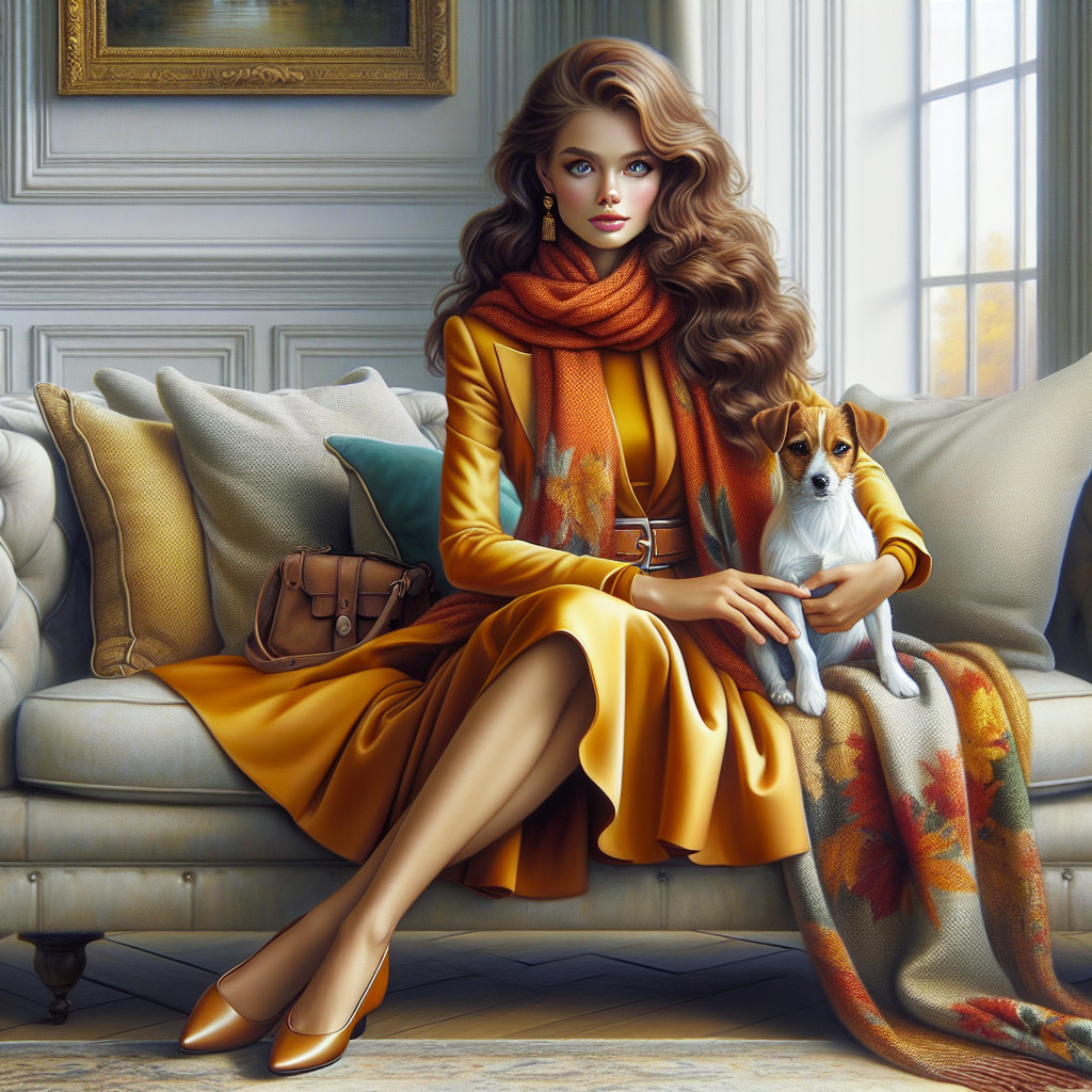 Elegant Woman in Yellow Dress with Dog on Sofa