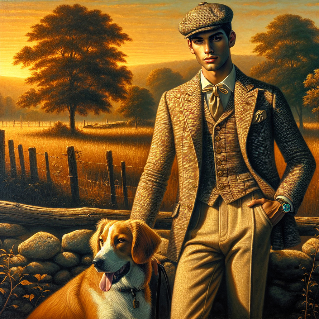 Young man in suit with golden retriever at sunset