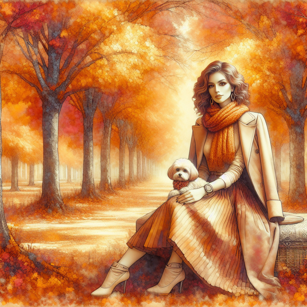 Autumn Scene with Woman, Dog, and Colorful Leaves