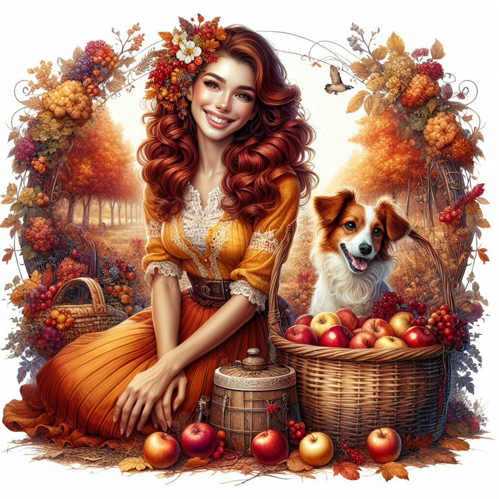 Cheerful woman in autumn scenery with dog and apples