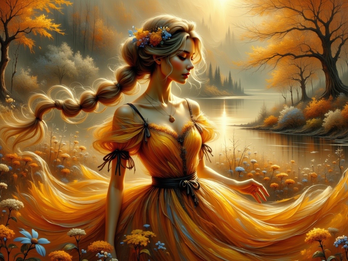Young Woman by Tranquil Lake in Autumn Foliage