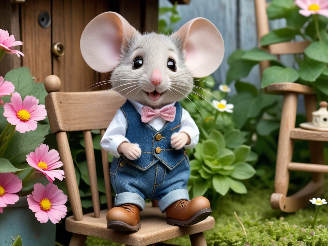 Charming Mouse in Denim Suit in Vibrant Garden Setting
