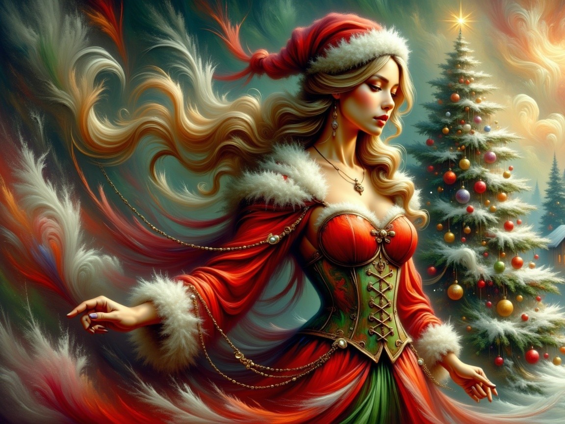 Glamorous Woman by Decorated Christmas Tree