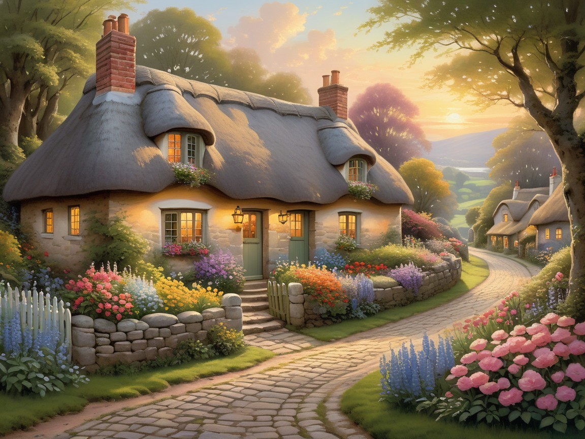 Thatched Cottage Surrounded by Lush Greenery and Flowers