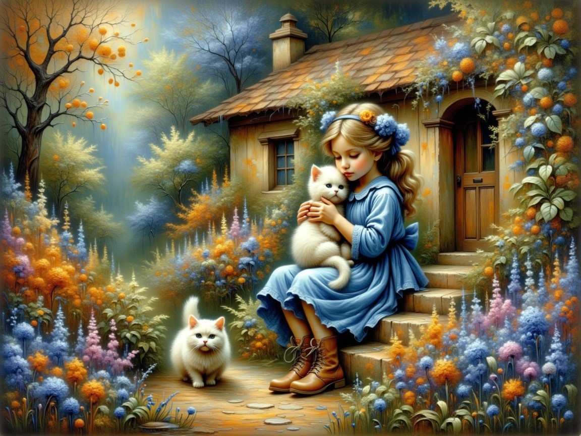 Young girl with kitten by a charming cottage steps