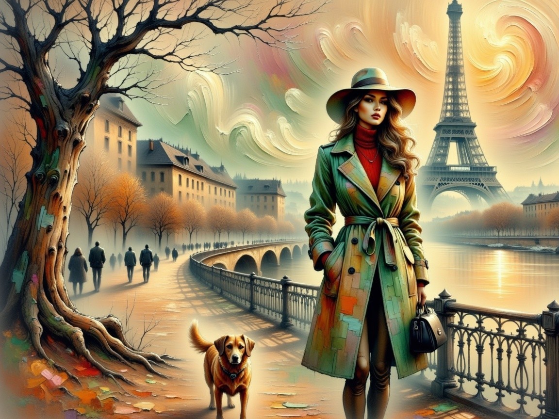 Stylish Woman Walking Dog by the Seine in Paris